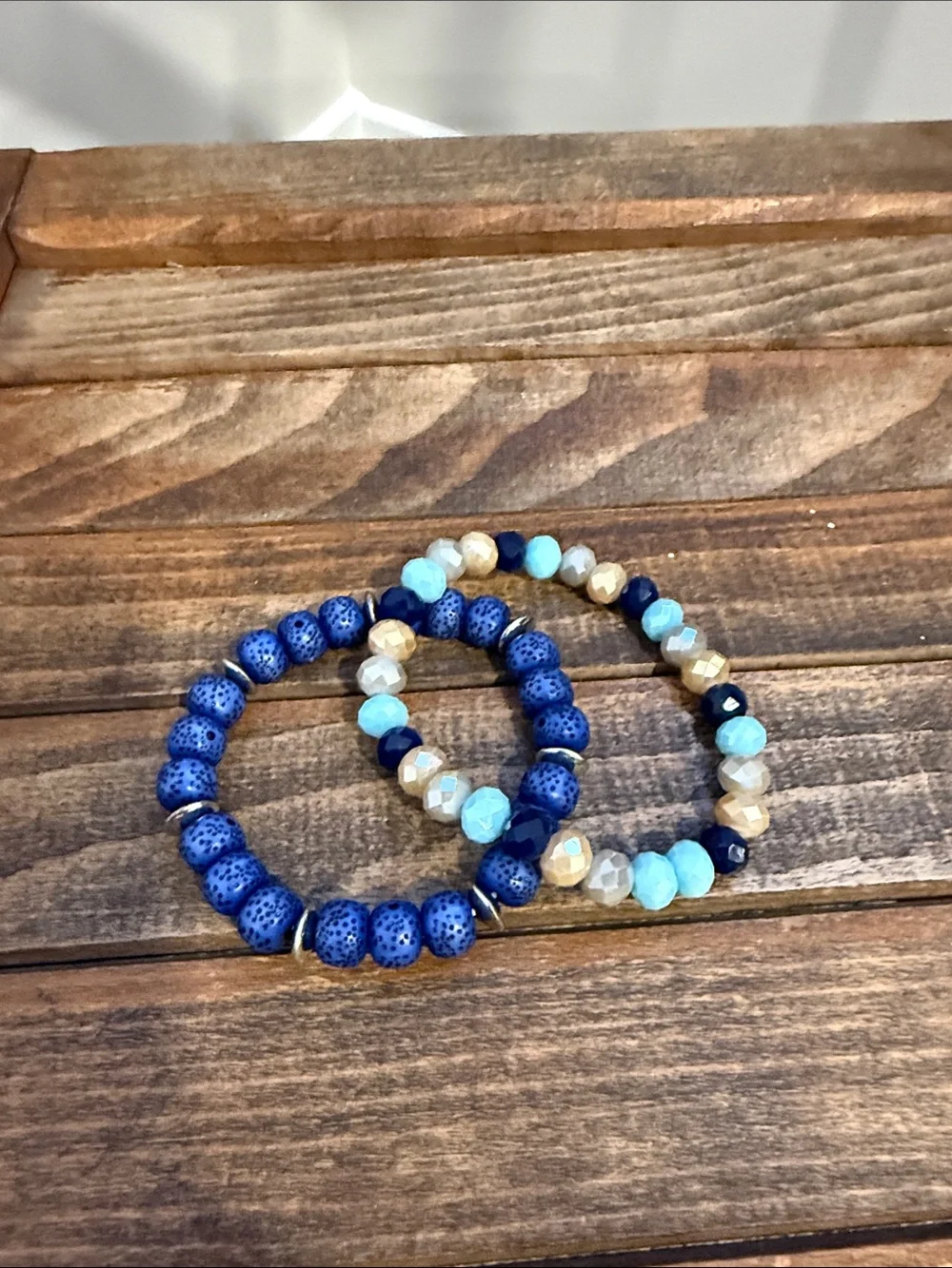 Set of 2 Handmade Blue Beaded Stretch Bracelets – Lava Stone & Faceted Beads